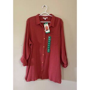 NWT Anne Klein Jeans Womens XLarge Coral Long Sleeve Roll Tab Button Up Shirt